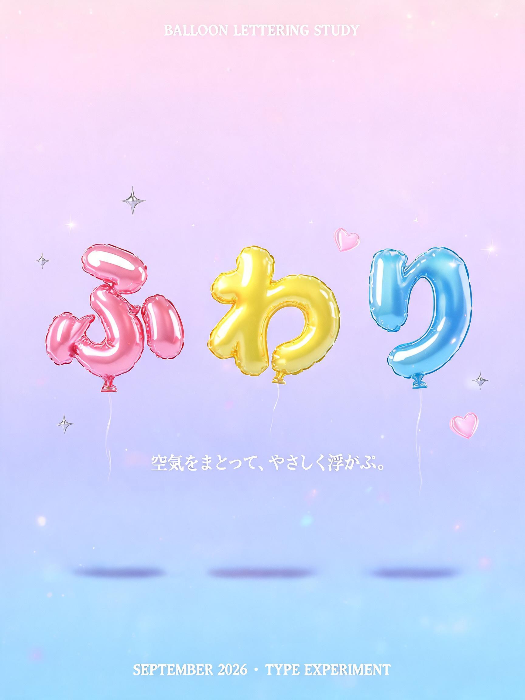 "ふわり
BALLOON LETTERING STUDY
空気をまとって、やさしく浮かぶ。
SEPTEMBER 2026 · TYPE EXPERIMENT" — Y2k Bubbly | AI Text Effect Generator