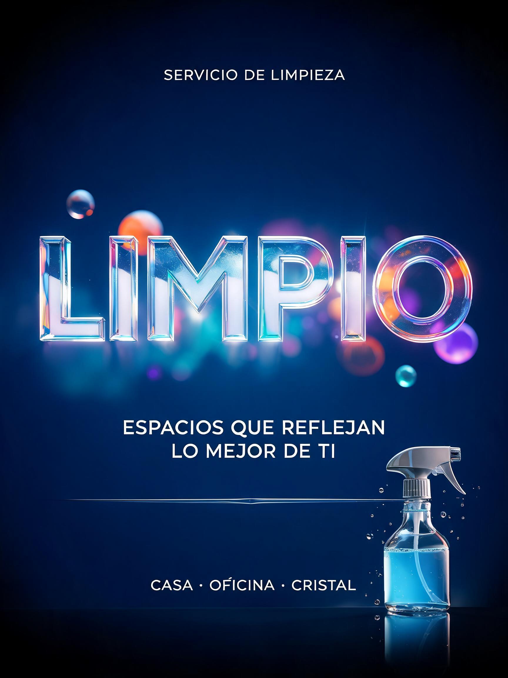 "Limpio
SERVICIO DE LIMPIEZA
ESPACIOS QUE REFLEJAN LO MEJOR DE TI
CASA · OFICINA · CRISTAL" — Glass Morphism | AI Text Effect Generator