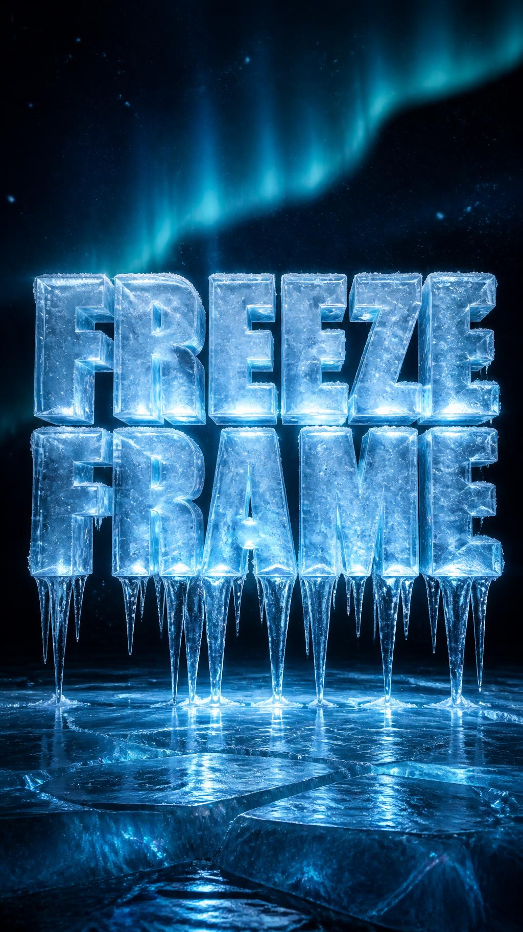 "FREEZE

FRAME" — Glass Frozen | AI Text Effect Generator