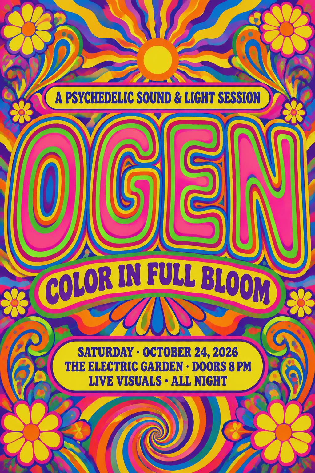 "OGEN
COLOR IN FULL BLOOM
A PSYCHEDELIC SOUND & LIGHT SESSION
SATURDAY · OCTOBER 24, 2026
THE ELECTRIC GARDEN · DOORS 8 PM
LIVE VISUALS • ALL NIGHT" — Psychedelic text effect