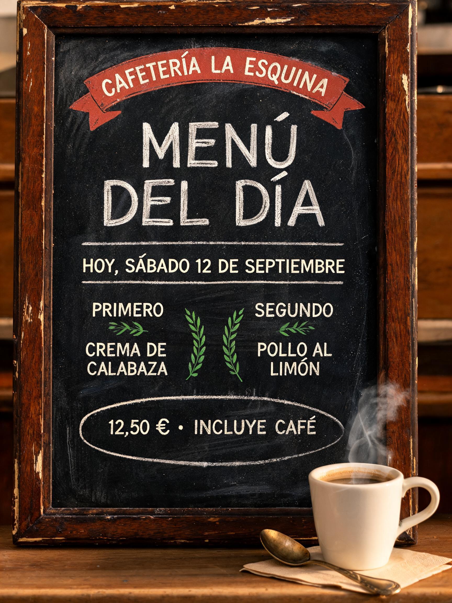 "MENÚ
DEL DÍA
CAFETERÍA LA ESQUINA
HOY, SÁBADO 12 DE SEPTIEMBRE
PRIMERO
CREMA DE CALABAZA
SEGUNDO
POLLO AL LIMÓN
12,50 € · INCLUYE CAFÉ" — Vintage text effect
