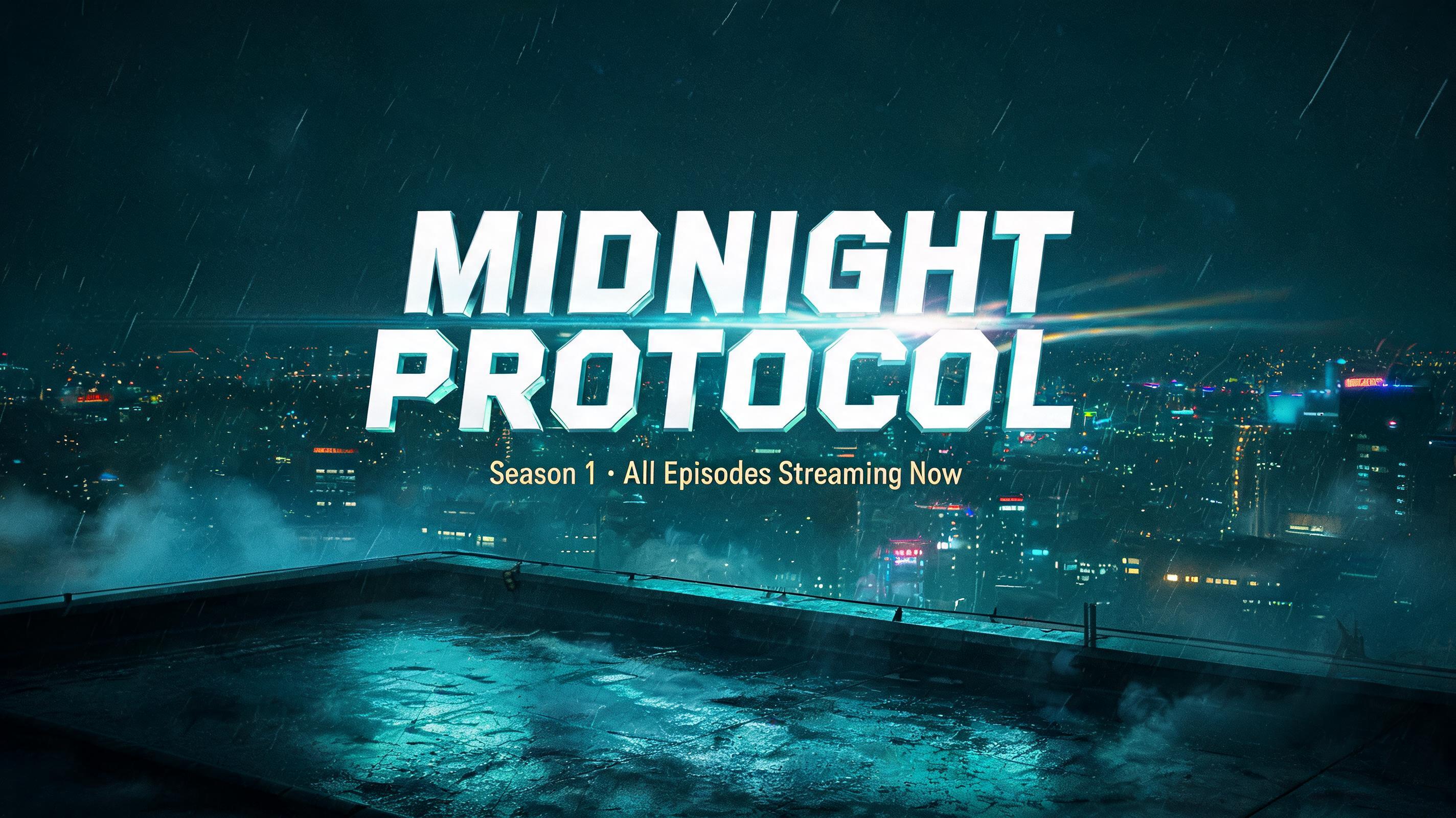 "MIDNIGHT PROTOCOL
Season 1 · All Episodes Streaming Now" — Cinematic Netflix text effect