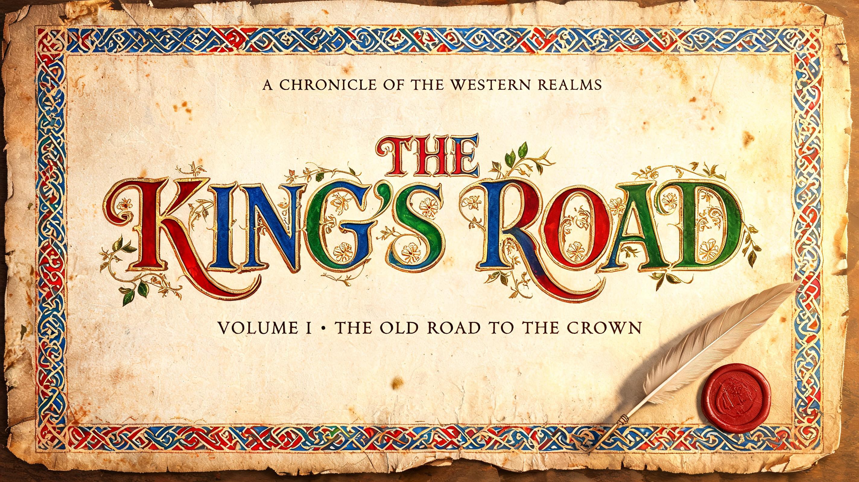 "THE KING'S ROAD
A CHRONICLE OF THE WESTERN REALMS
VOLUME I · THE OLD ROAD TO THE CROWN" — Medieval | AI Text Effect Generator