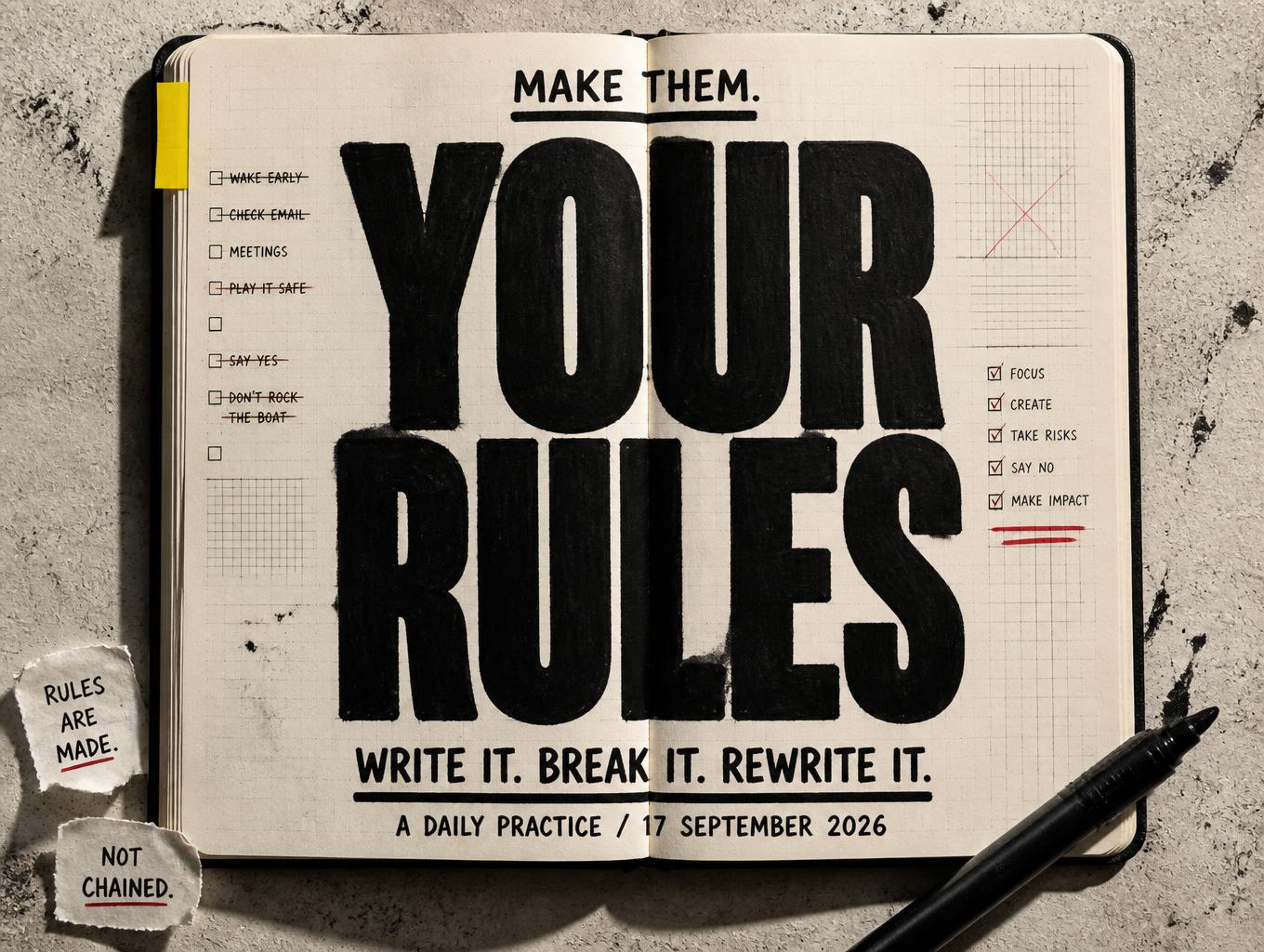 "YOUR RULES
MAKE THEM.
WRITE IT. BREAK IT. REWRITE IT.
A DAILY PRACTICE / 17 SEPTEMBER 2026" —  | AI Text Effect Generator