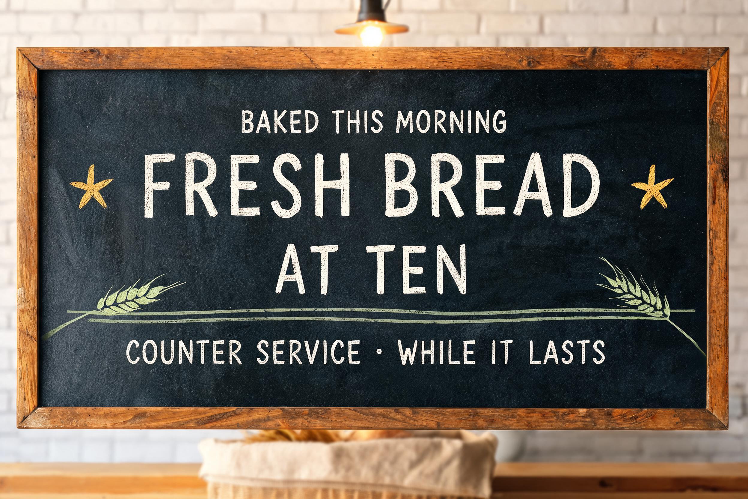 "BAKED THIS MORNING
FRESH BREAD
AT TEN
COUNTER SERVICE • WHILE IT LASTS" — Chalk | AI Text Effect Generator
