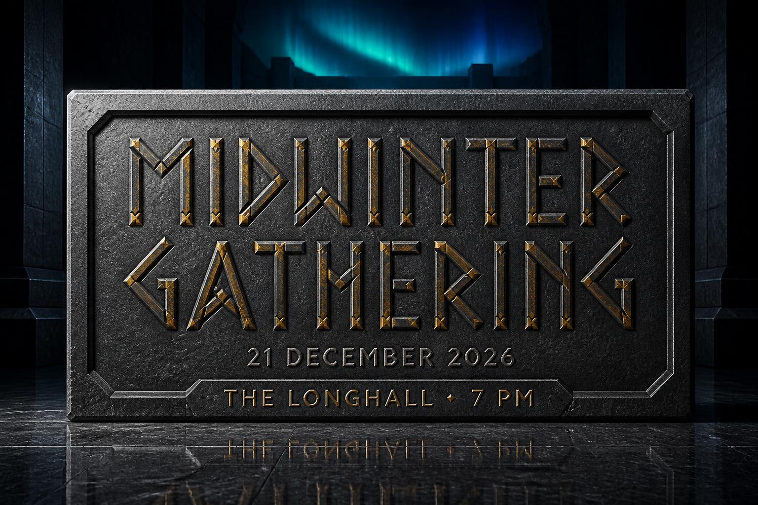 "MIDWINTER
GATHERING
21 DECEMBER 2026
THE LONGHALL · 7 PM" — Viking Runic text effect