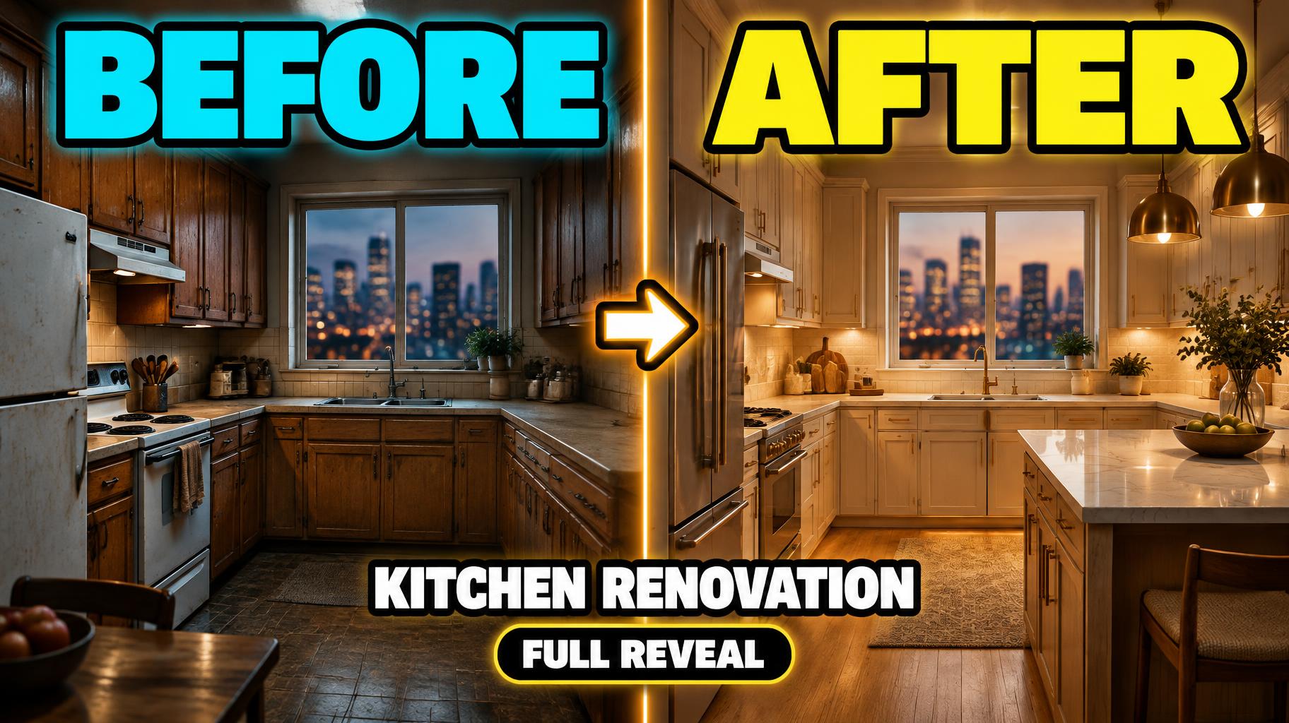 "BEFORE
AFTER
KITCHEN RENOVATION
FULL REVEAL" — Cinematic Youtube Creator | AI Text Effect Generator