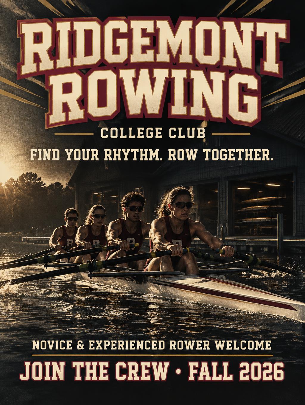 "RIDGEMONT
ROWING
COLLEGE CLUB
FIND YOUR RHYTHM. ROW TOGETHER.
NOVICE & EXPERIENCED ROWER WELCOME
JOIN THE CREW · FALL 2026" — Sports | AI Text Effect Generator