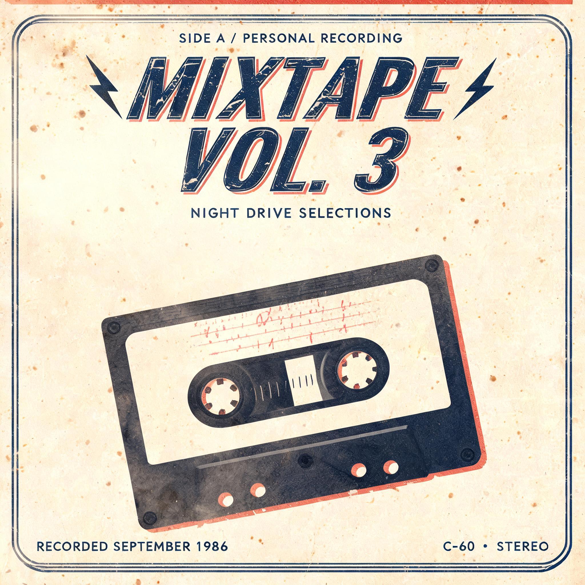 "MIXTAPE
VOL. 3
SIDE A / PERSONAL RECORDING
NIGHT DRIVE SELECTIONS
RECORDED SEPTEMBER 1986
C-60 · STEREO" — Vintage | AI Text Effect Generator