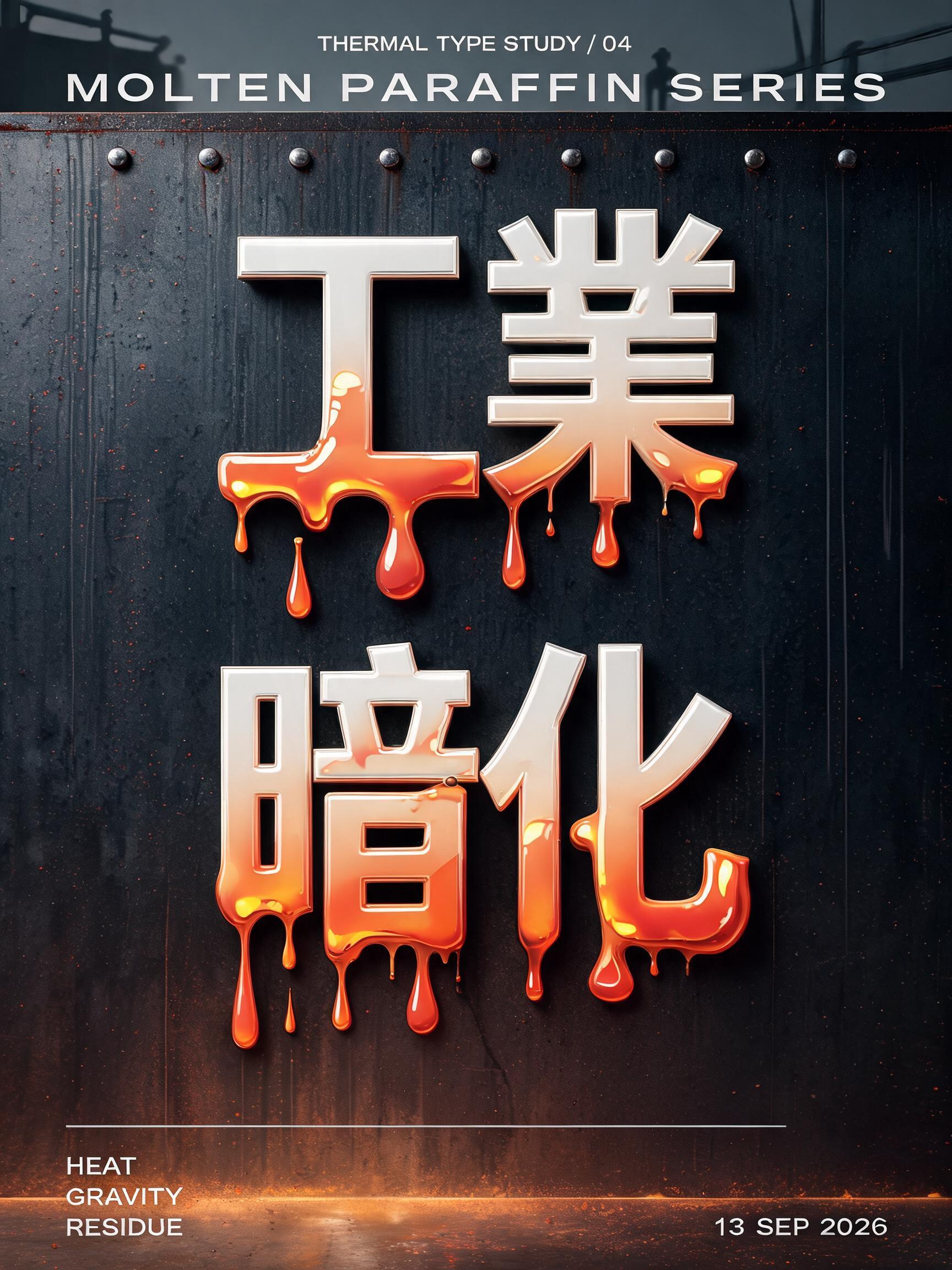 "工業
暗化
THERMAL TYPE STUDY / 04
MOLTEN PARAFFIN SERIES
HEAT / GRAVITY / RESIDUE
13 SEP 2026" — Drip Font Melting | AI Text Effect Generator