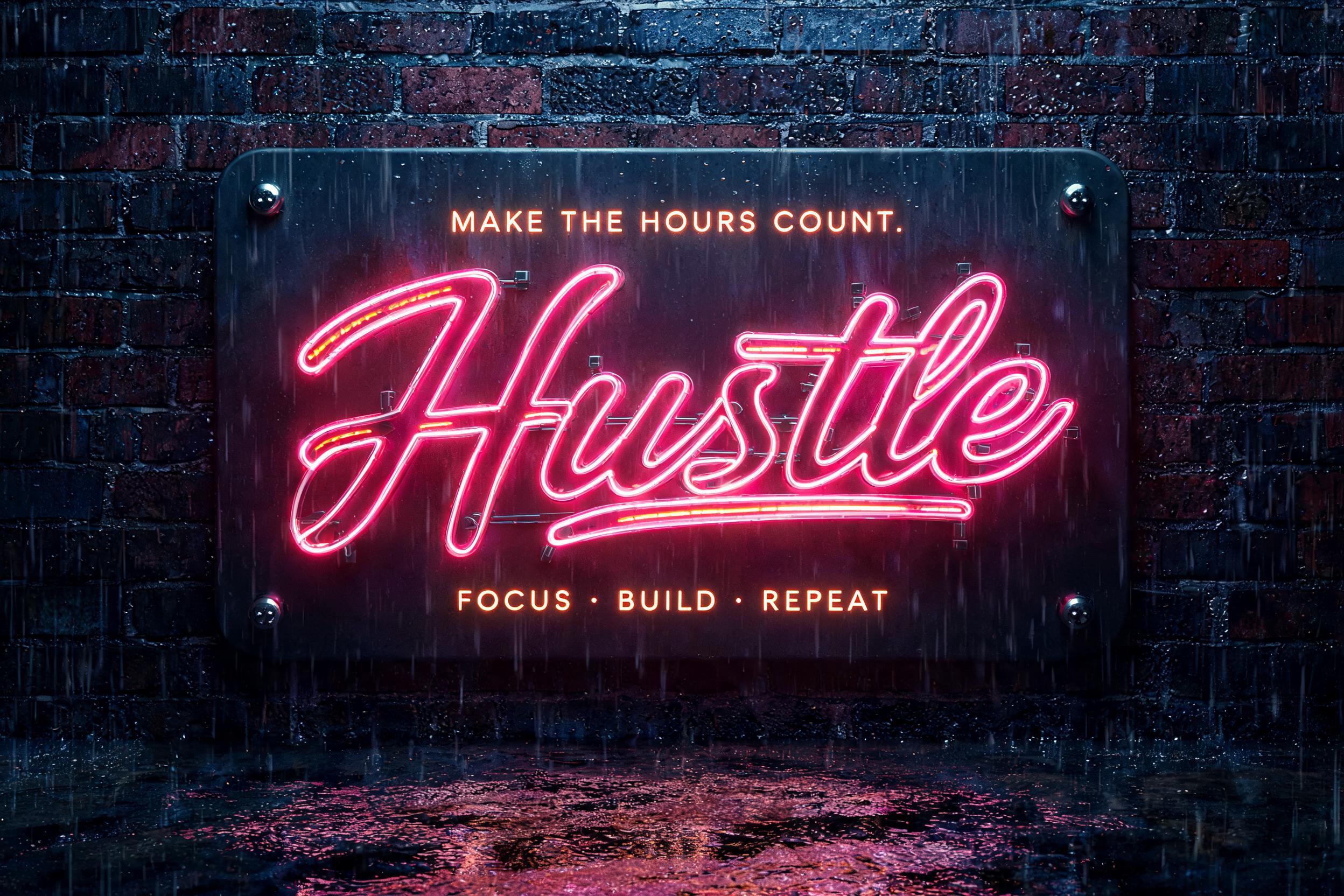 "Hustle
MAKE THE HOURS COUNT.
FOCUS • BUILD • REPEAT" — Neon Sign | AI Text Effect Generator
