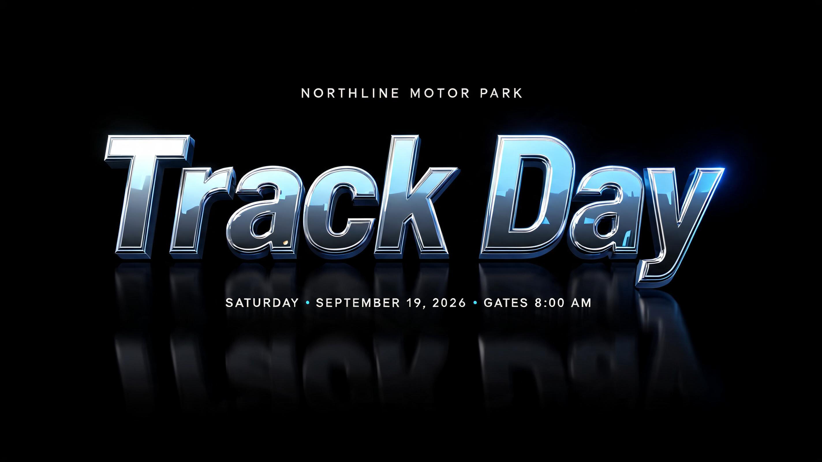 "Track Day
NORTHLINE MOTOR PARK
SATURDAY · SEPTEMBER 19, 2026 · GATES 8:00 AM" — Chrome Metal 3d | AI Text Effect Generator