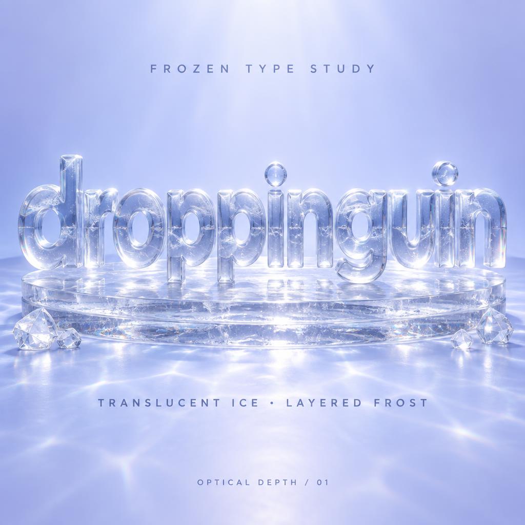 "FROZEN TYPE STUDY
droppinguin
TRANSLUCENT ICE · LAYERED FROST
OPTICAL DEPTH / 01" — Glass | AI Text Effect Generator