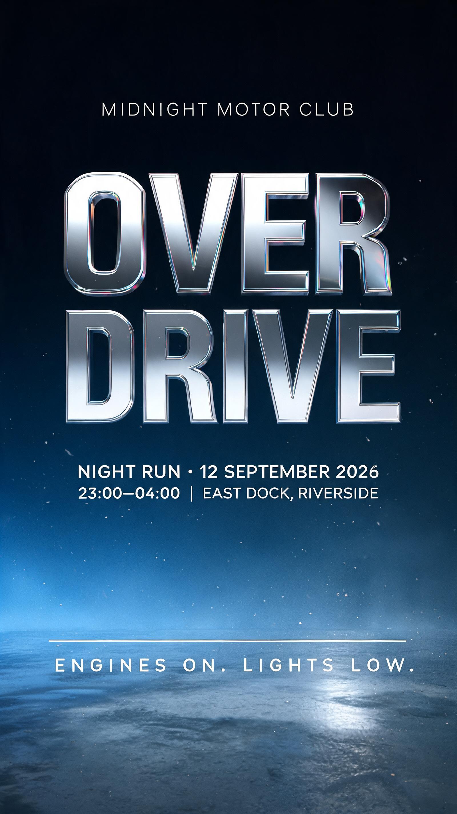 "OVERDRIVE
MIDNIGHT MOTOR CLUB
NIGHT RUN • 12 SEPTEMBER 2026
23:00–04:00  |  EAST DOCK, RIVERSIDE
ENGINES ON. LIGHTS LOW." — Metallic | AI Text Effect Generator