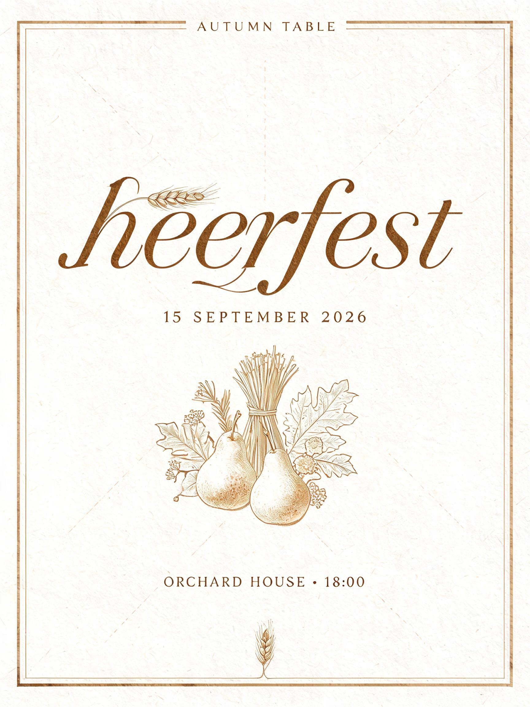 "hærfest
AUTUMN TABLE
15 SEPTEMBER 2026
ORCHARD HOUSE • 18:00" — Cursive Calligraphy | AI Text Effect Generator
