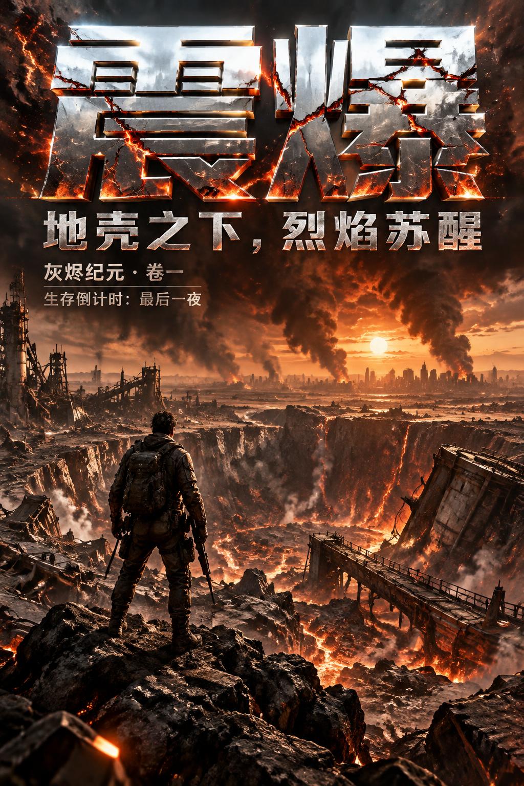 "震爆
地壳之下，烈焰苏醒
灰烬纪元 · 卷一
生存倒计时：最后一夜" — Post Apocalyptic text effect