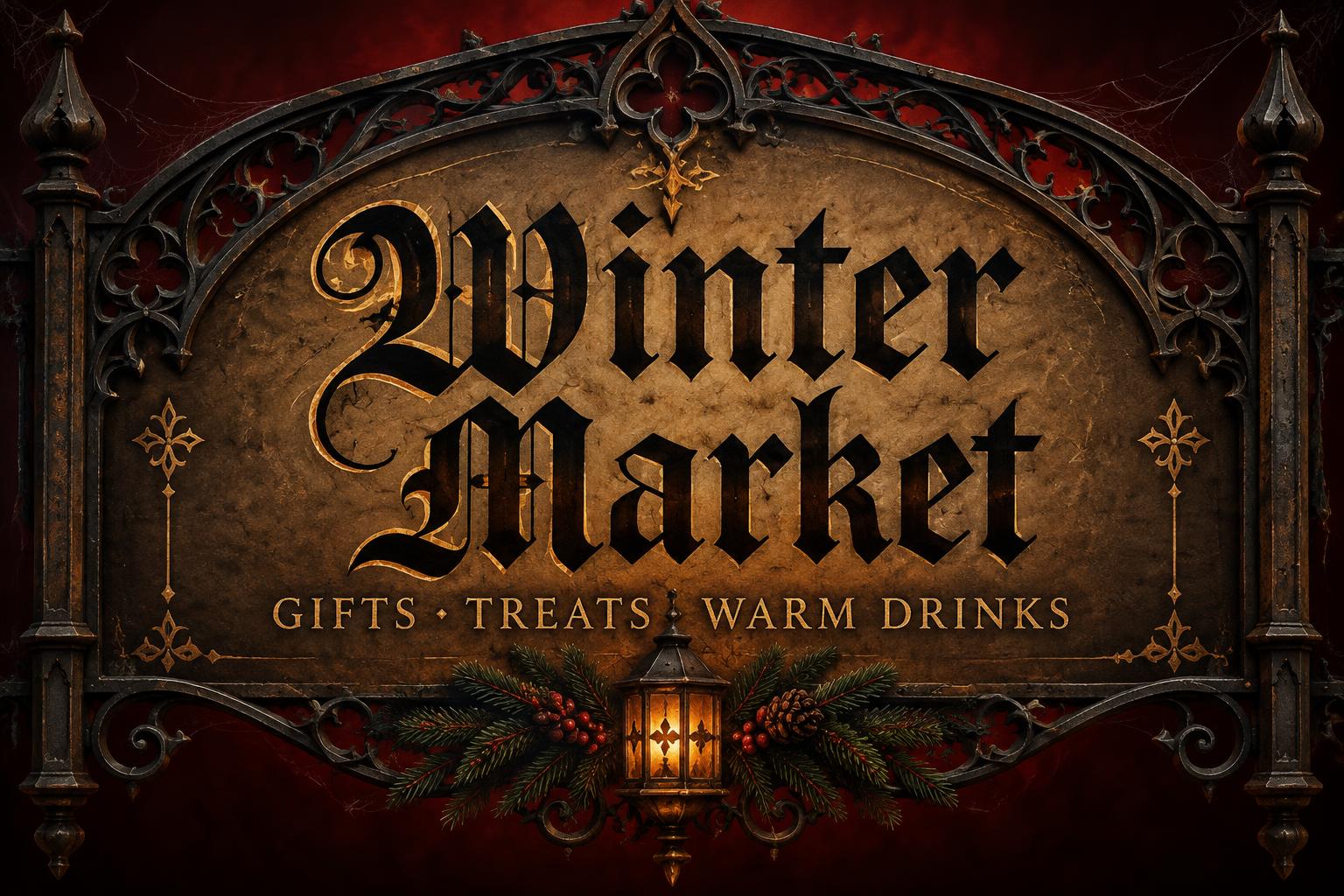 "Winter Market
GIFTS · TREATS · WARM DRINKS" — Gothic Font | AI Text Effect Generator