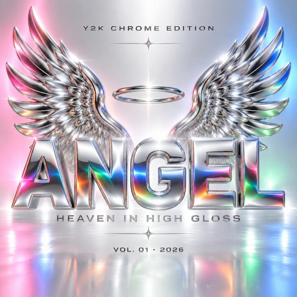"ANGEL
Y2K CHROME EDITION
HEAVEN IN HIGH GLOSS
VOL. 01 · 2026" — Y2k Chrome | AI Text Effect Generator