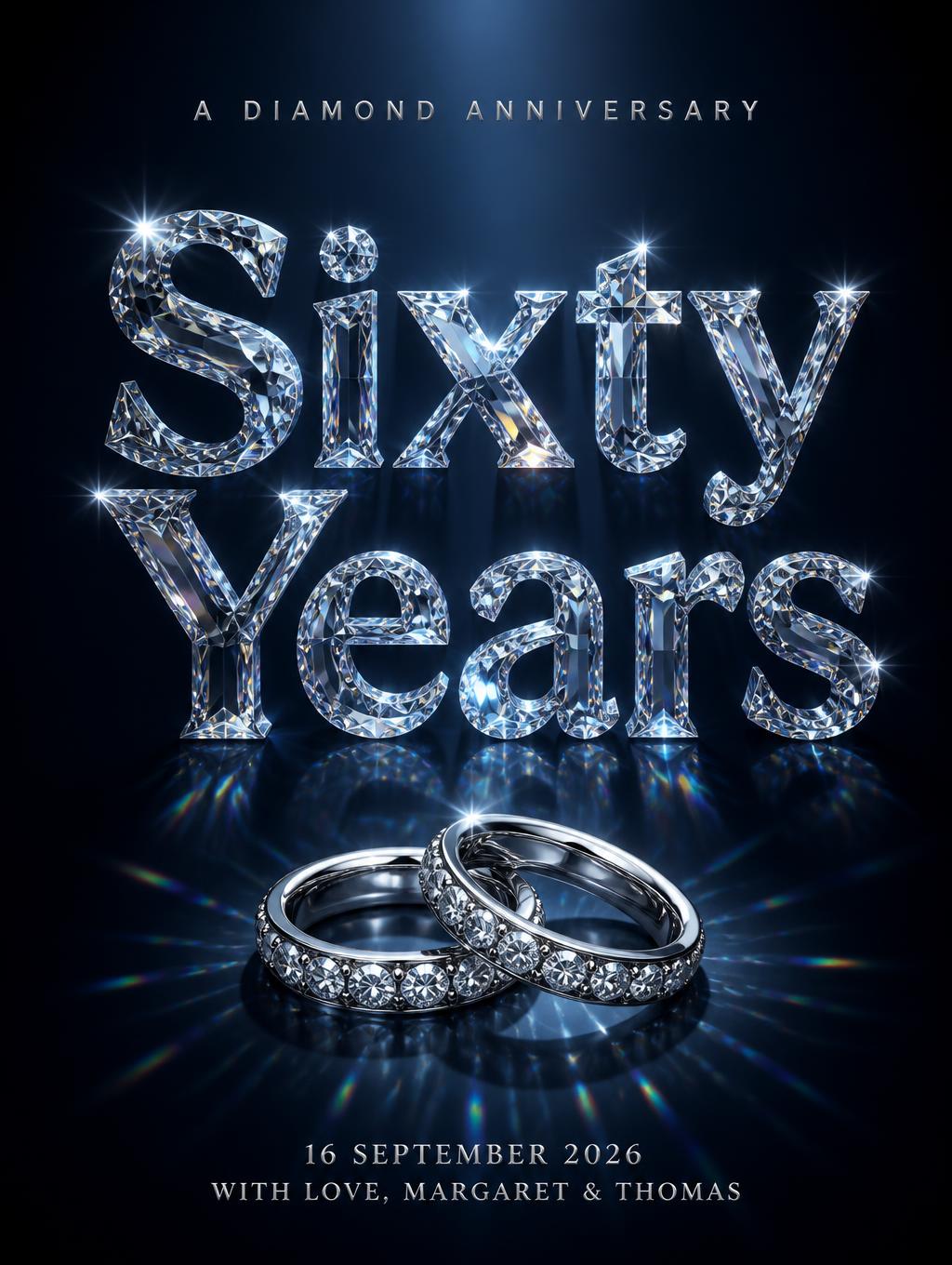 Sixty Years
A DIAMOND ANNIVERSARY
16 SEPTEMBER 2026
WITH LOVE, MARGARET & THOMAS