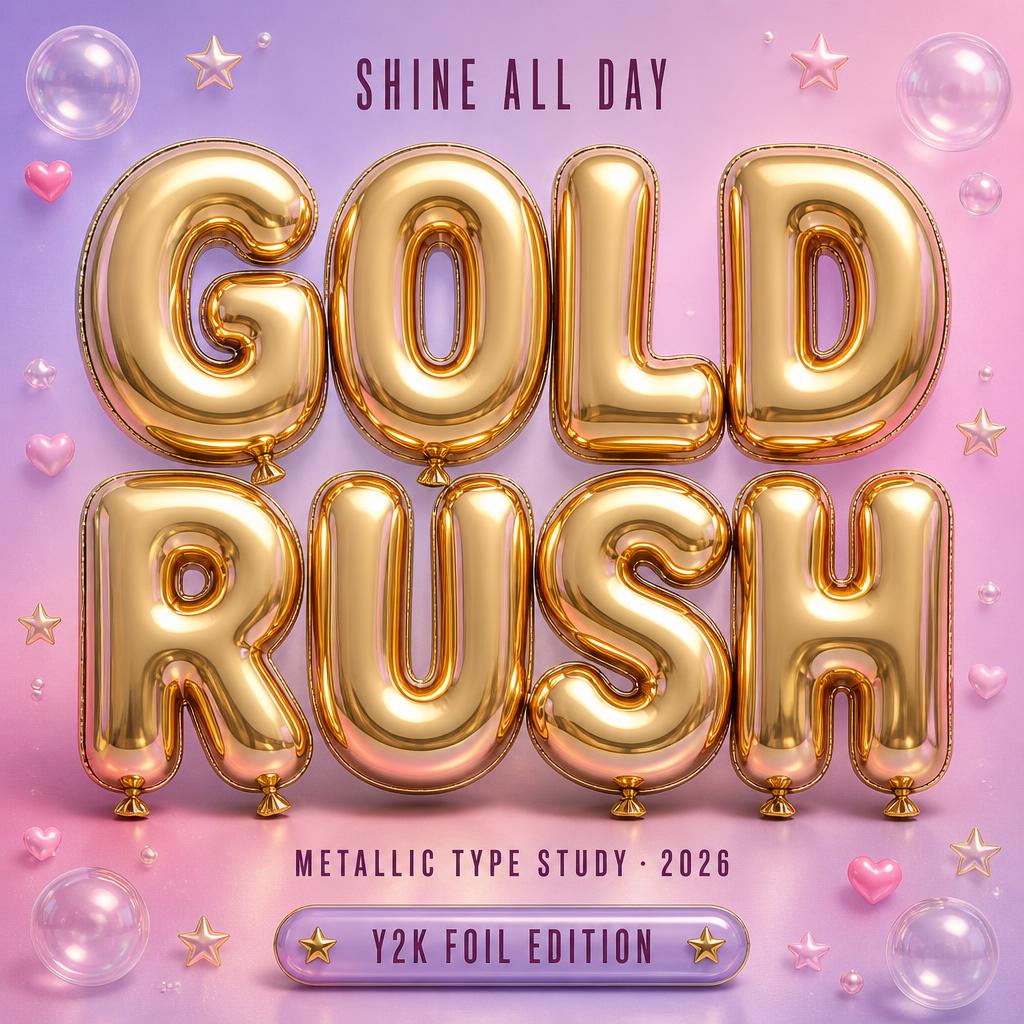 "GOLD
RUSH
SHINE ALL DAY
METALLIC TYPE STUDY · 2026
Y2K FOIL EDITION" — Y2k Bubbly | AI Text Effect Generator