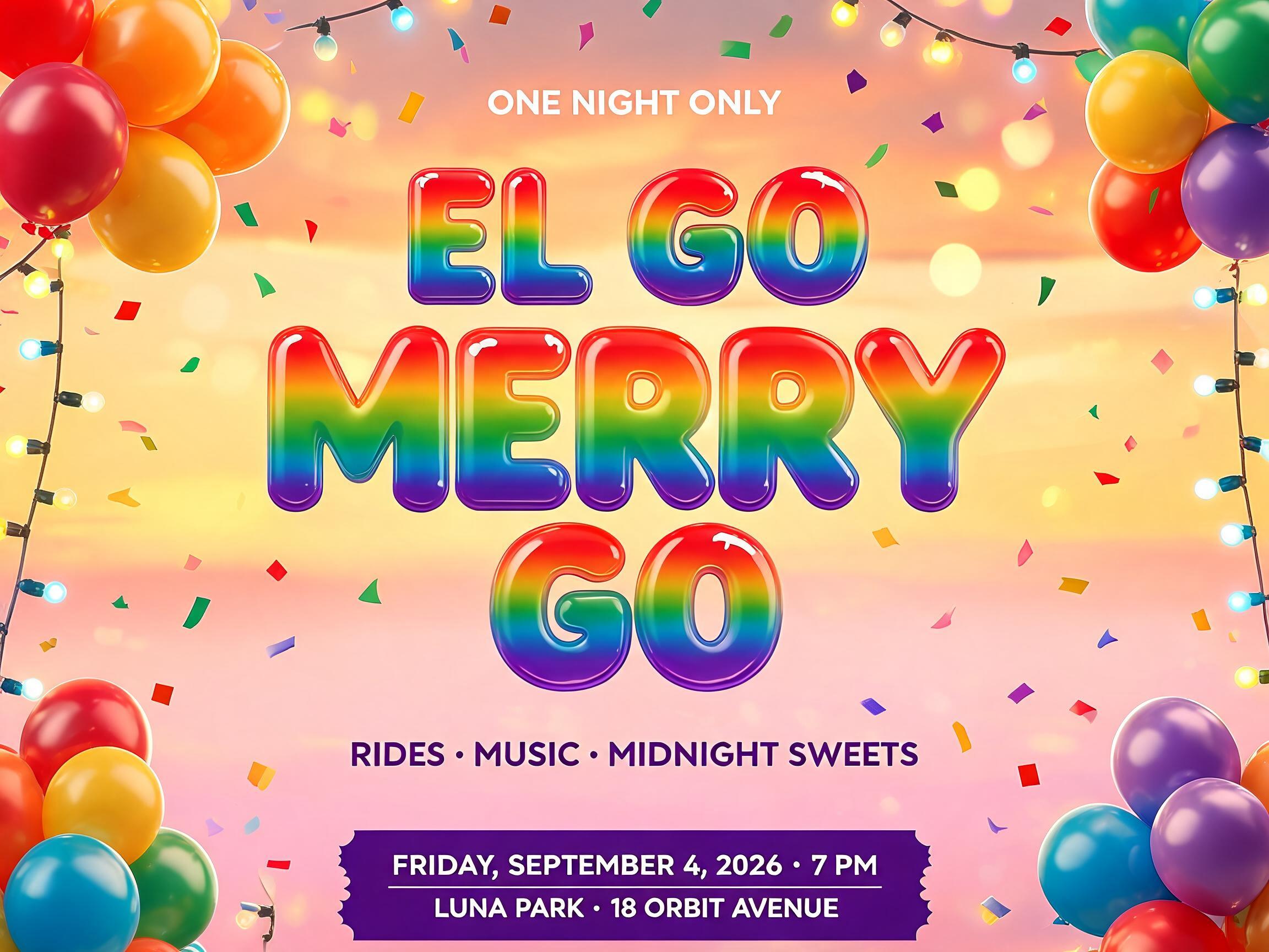 "EL GO
MERRY
GO
ONE NIGHT ONLY
RIDES · MUSIC · MIDNIGHT SWEETS
FRIDAY, SEPTEMBER 4, 2026 · 7 PM
LUNA PARK · 18 ORBIT AVENUE" — Rainbow | AI Text Effect Generator