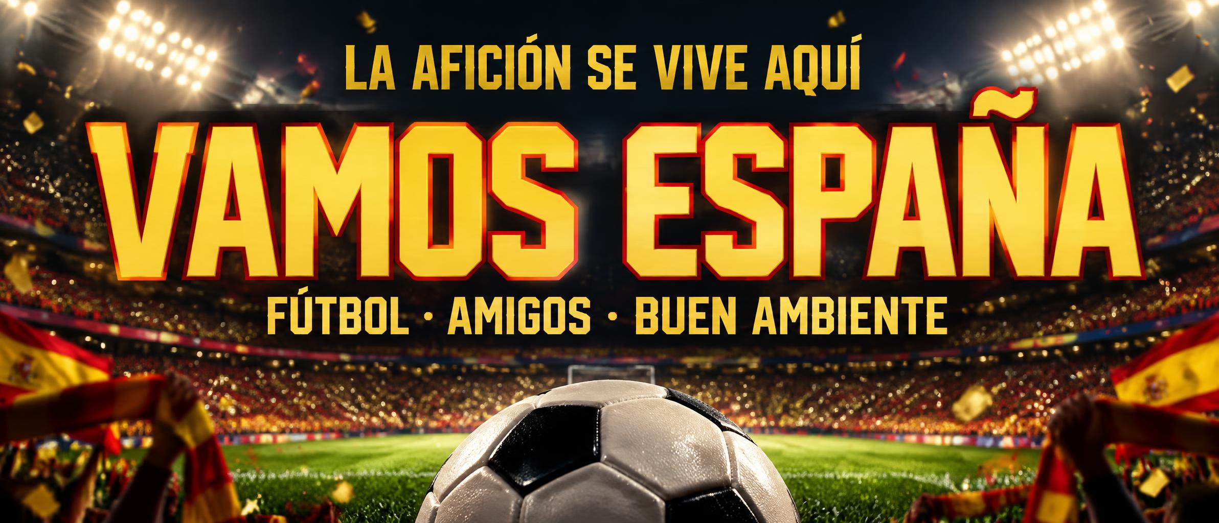 "VAMOS ESPAÑA
LA AFICIÓN SE VIVE AQUÍ
FÚTBOL · AMIGOS · BUEN AMBIENTE" — Sports Football | AI Text Effect Generator