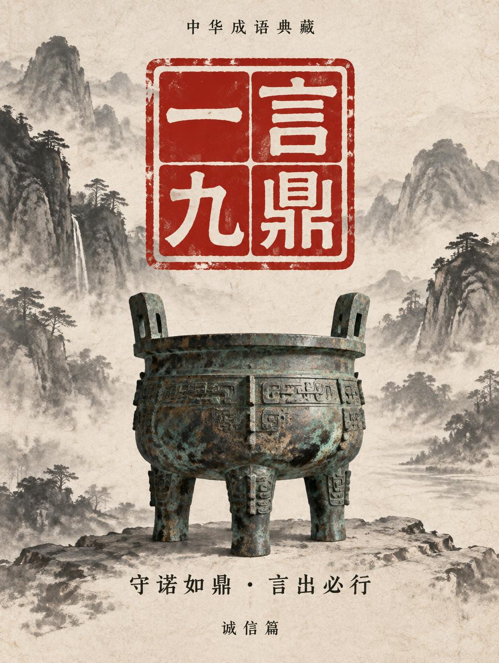 "中华成语典藏
一言九鼎
守诺如鼎 · 言出必行
诚信篇" — Brush Chinese Ink | AI Text Effect Generator