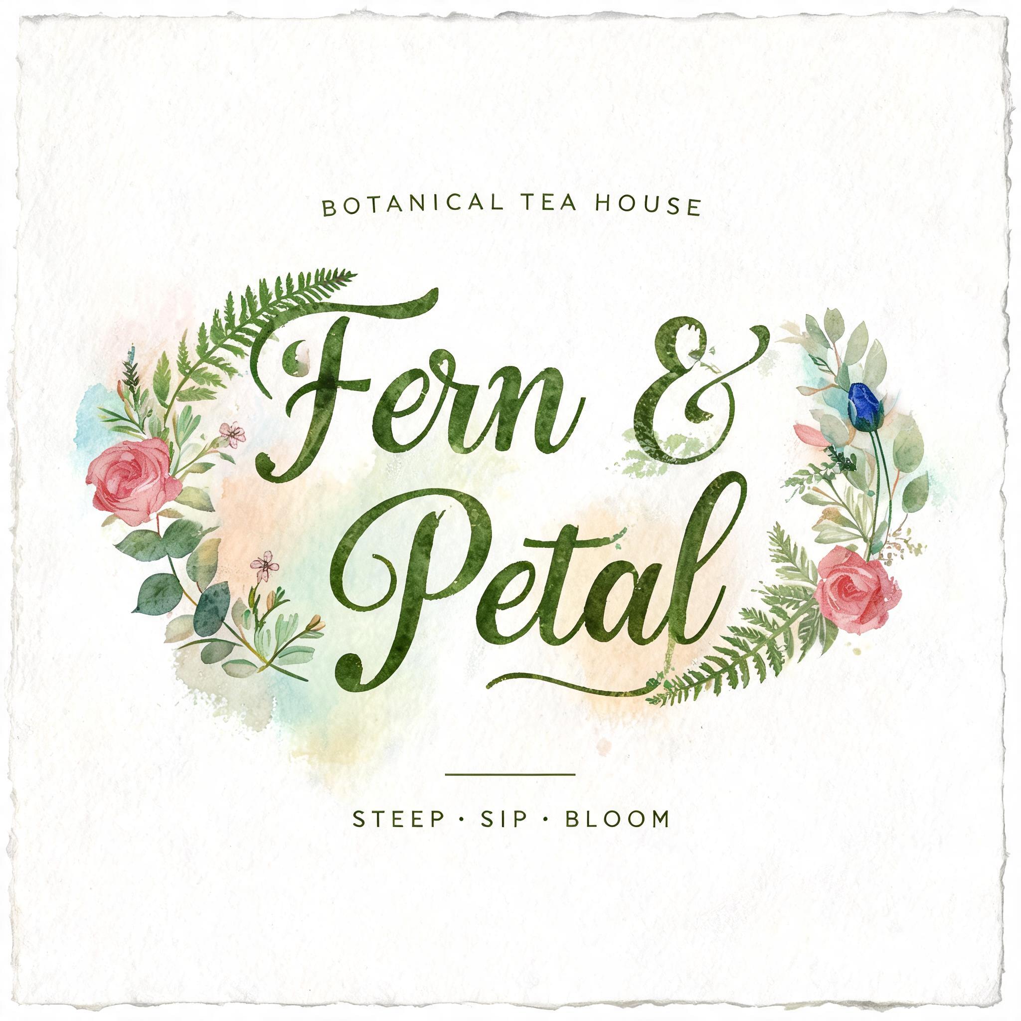 "Fern & Petal
BOTANICAL TEA HOUSE
STEEP · SIP · BLOOM" — Watercolor text effect