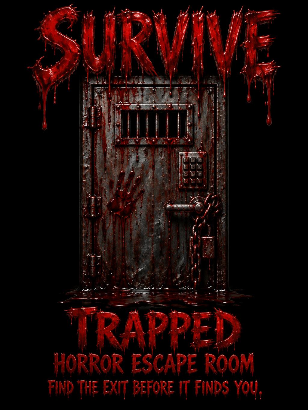 "SURVIVE
TRAPPED
HORROR ESCAPE ROOM
FIND THE EXIT BEFORE IT FINDS YOU." — Drip Font Blood | AI Text Effect Generator