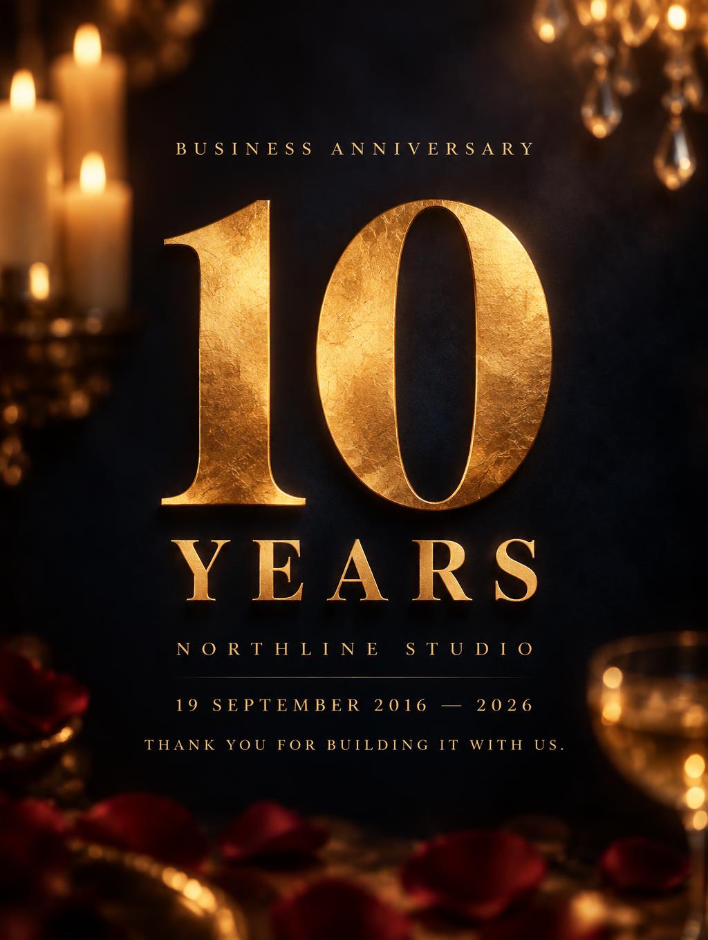 "10
YEARS
BUSINESS ANNIVERSARY
NORTHLINE STUDIO
19 SEPTEMBER 2016 — 2026
THANK YOU FOR BUILDING IT WITH US." — Anniversary | AI Text Effect Generator