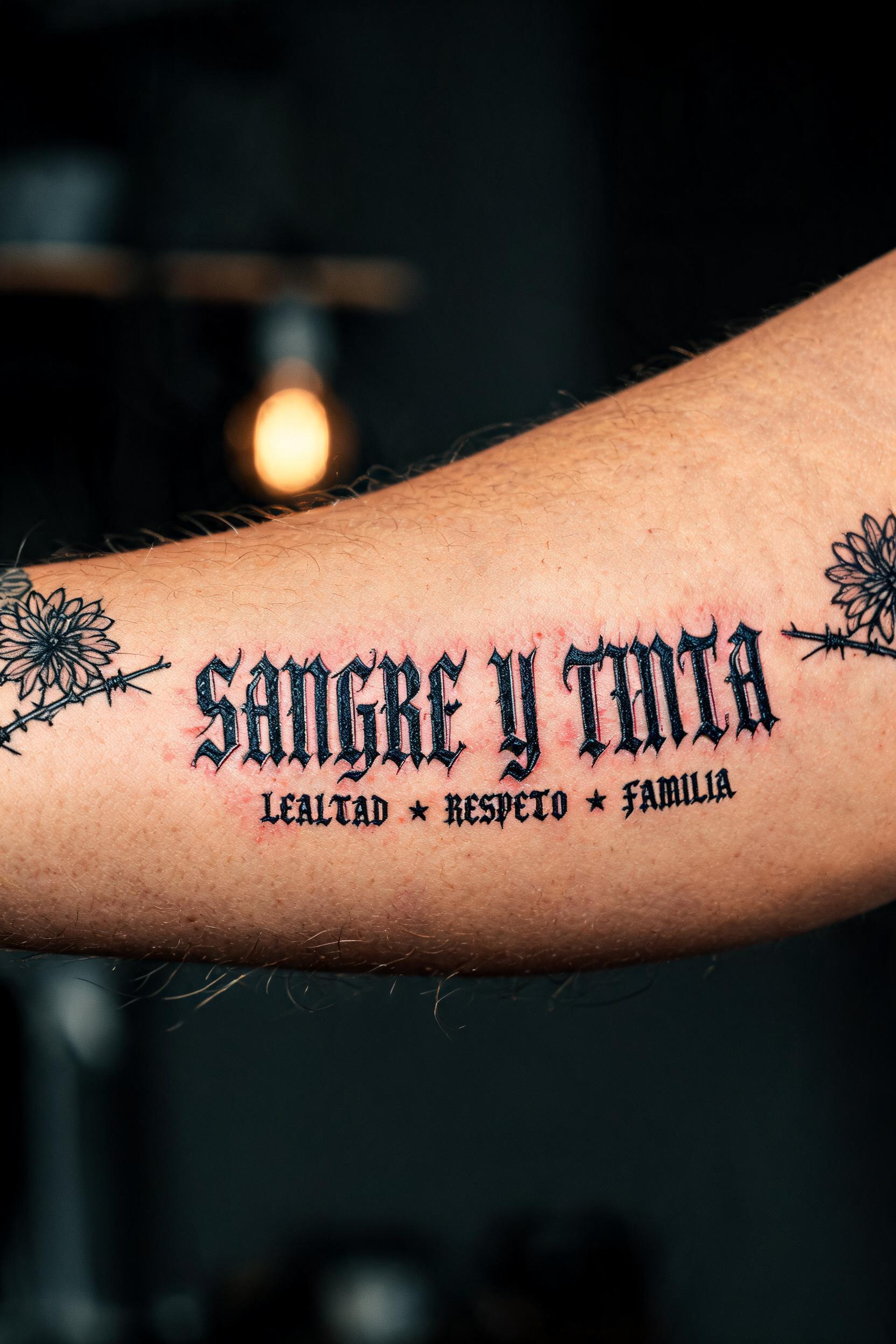 "SANGRE Y TINTA
LEALTAD · RESPETO · FAMILIA" — Tattoo | AI Text Effect Generator