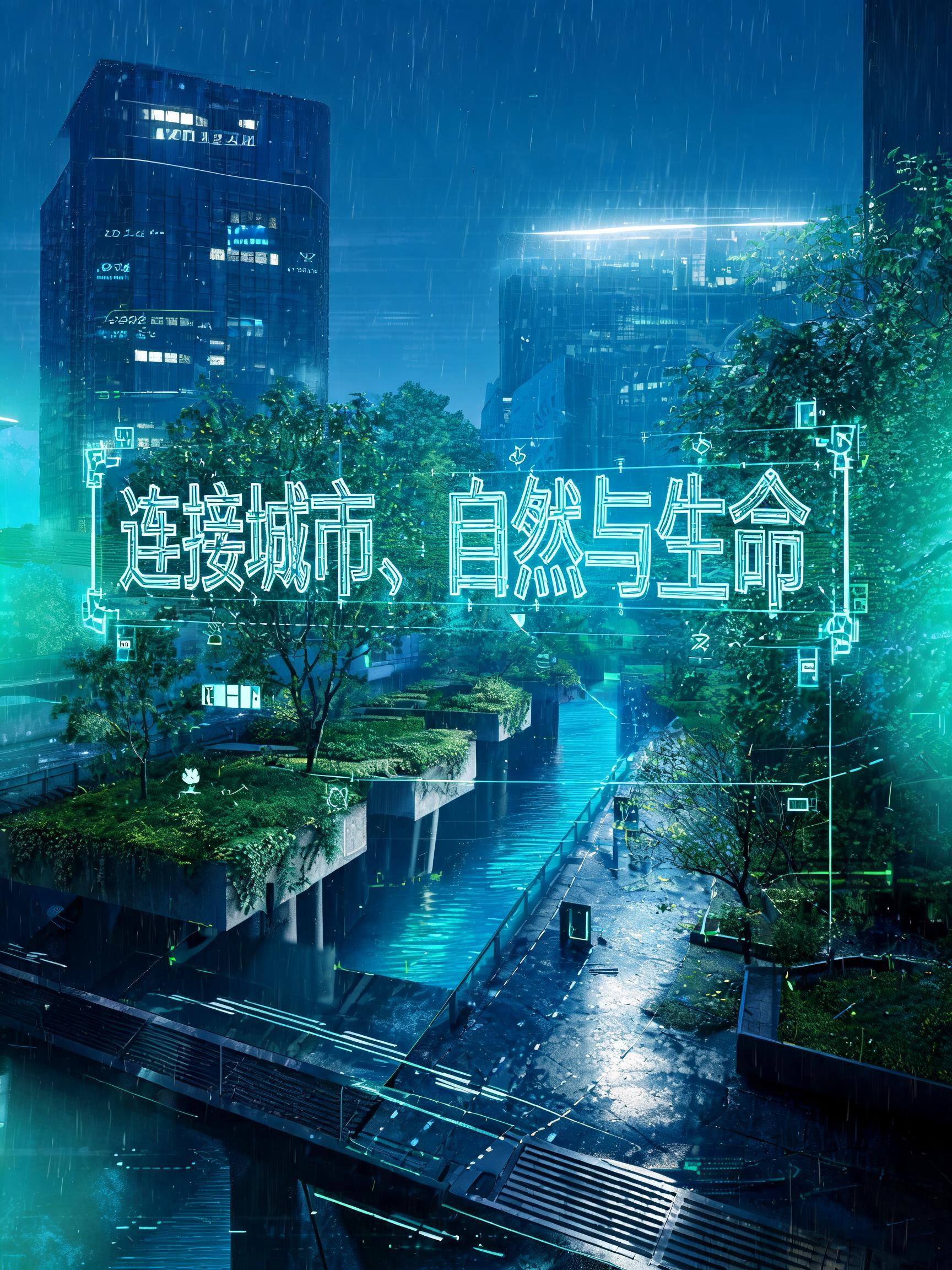 "连接城市、自然与生命" — Cyberpunk Tech Hud text effect