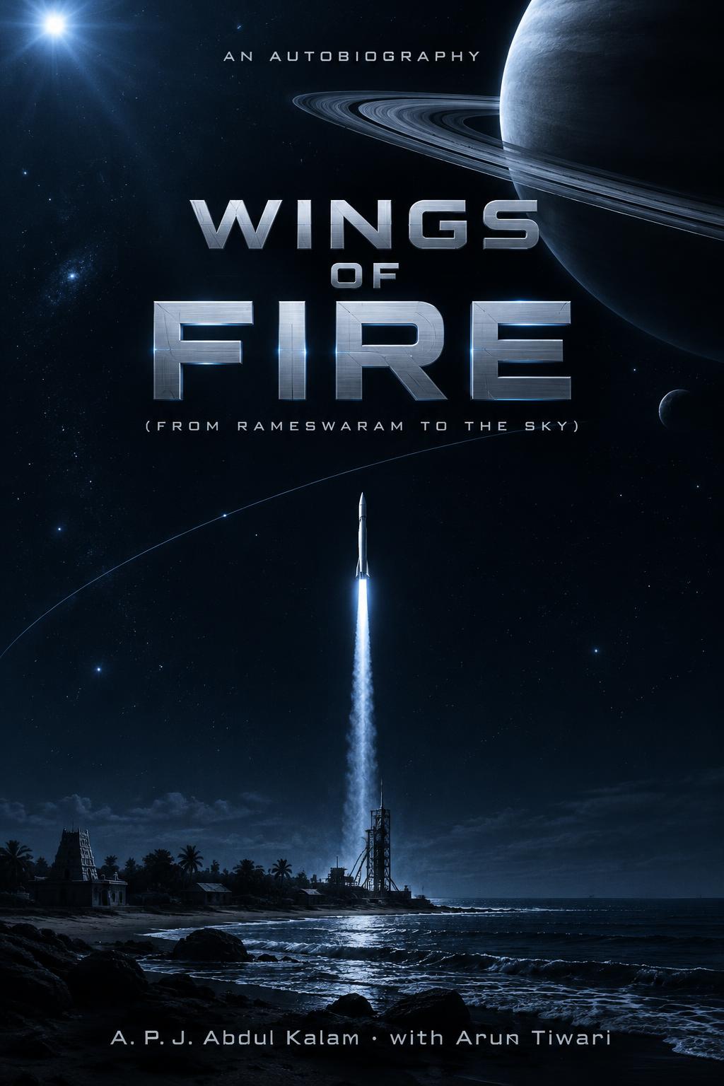 "WINGS OF FIRE
(From Rameswaram to the Sky)
A. P. J. Abdul Kalam · with Arun Tiwari
AN AUTOBIOGRAPHY" — Cinematic Scifi | AI Text Effect Generator