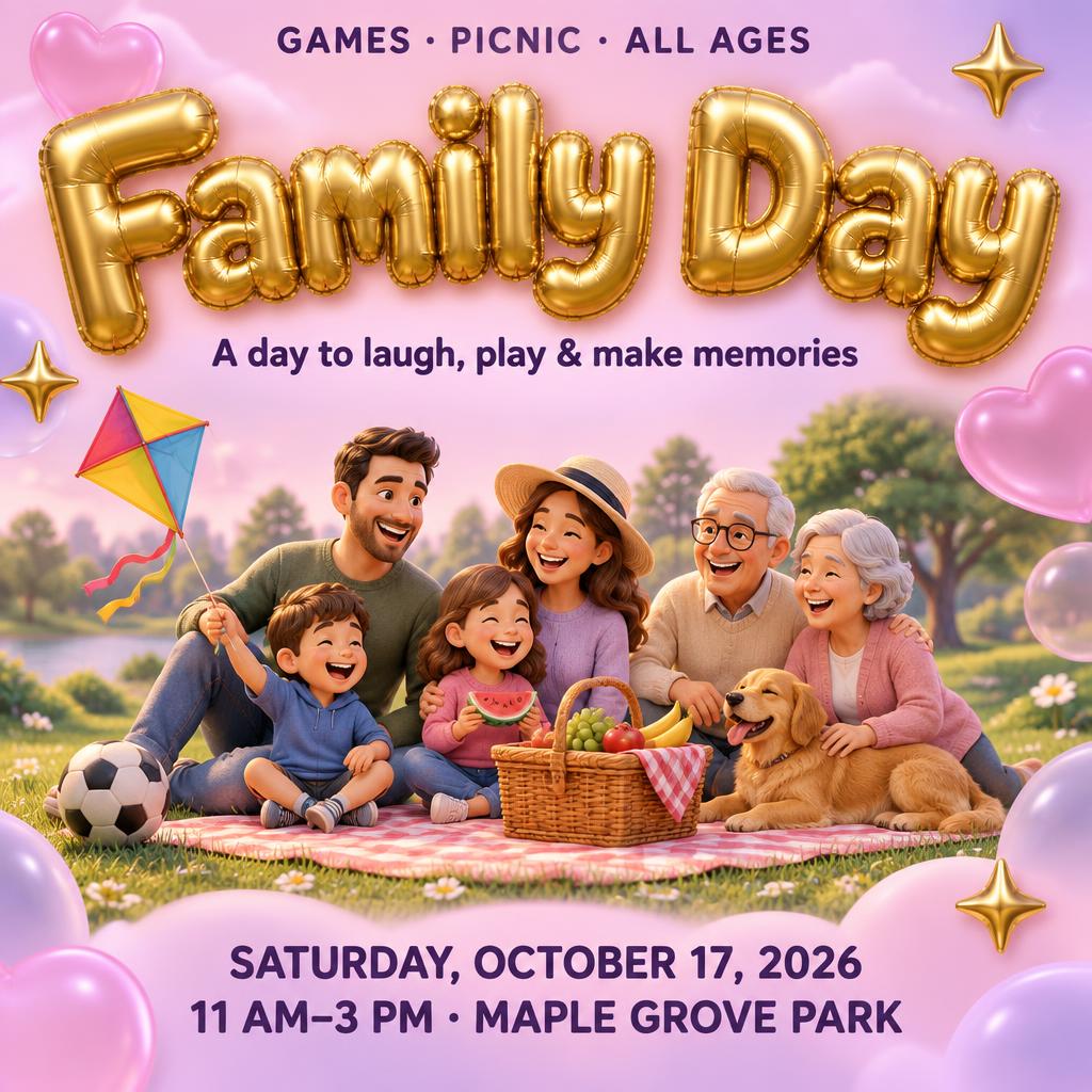 "Family Day
A day to laugh, play & make memories
GAMES · PICNIC · ALL AGES
SATURDAY, OCTOBER 17, 2026
11 AM–3 PM · MAPLE GROVE PARK" — Y2k Bubbly | AI Text Effect Generator
