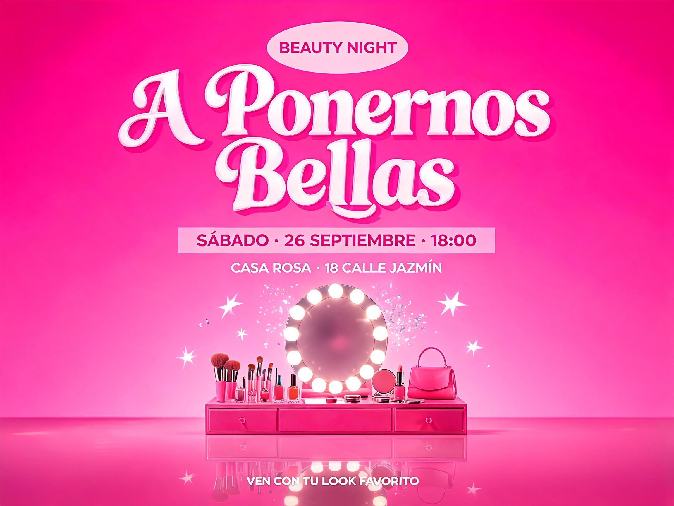 A Ponernos Bellas
BEAUTY NIGHT
SÁBADO · 26 SEPTIEMBRE · 18:00
CASA ROSA · 18 CALLE JAZMÍN
VEN CON TU LOOK FAVORITO