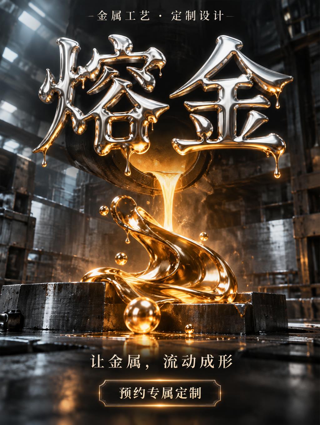 "熔金
金属工艺 · 定制设计
让金属，流动成形
预约专属定制" — Metallic | AI Text Effect Generator