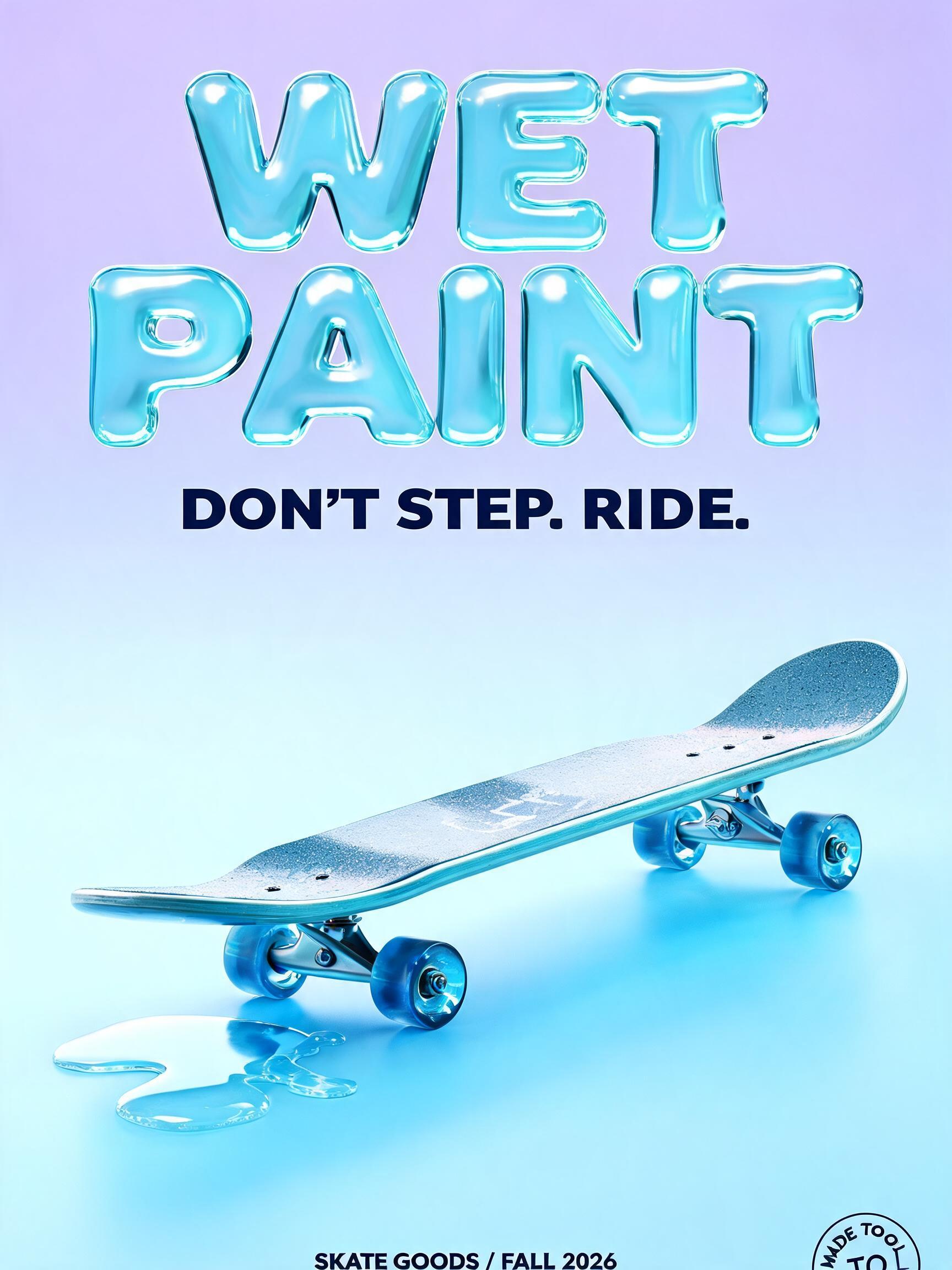 "WET PAINT
DON’T STEP. RIDE.
SKATE GOODS / FALL 2026
WETPAINTSKATE.COM
MADE TO ROLL" — Glass Liquid | AI Text Effect Generator