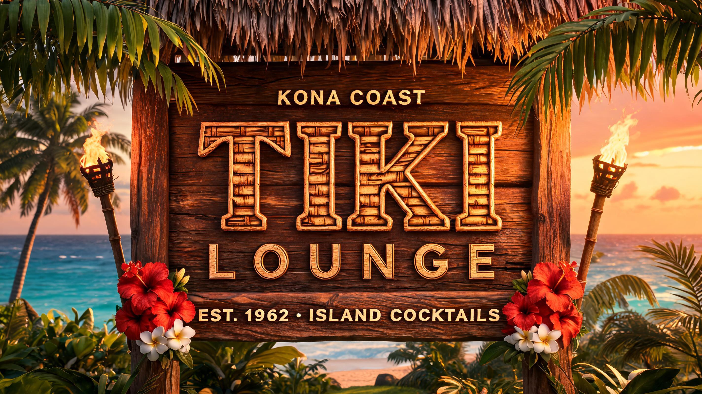 "TIKI
LOUNGE
KONA COAST
EST. 1962 • ISLAND COCKTAILS" — Hawaiian | AI Text Effect Generator