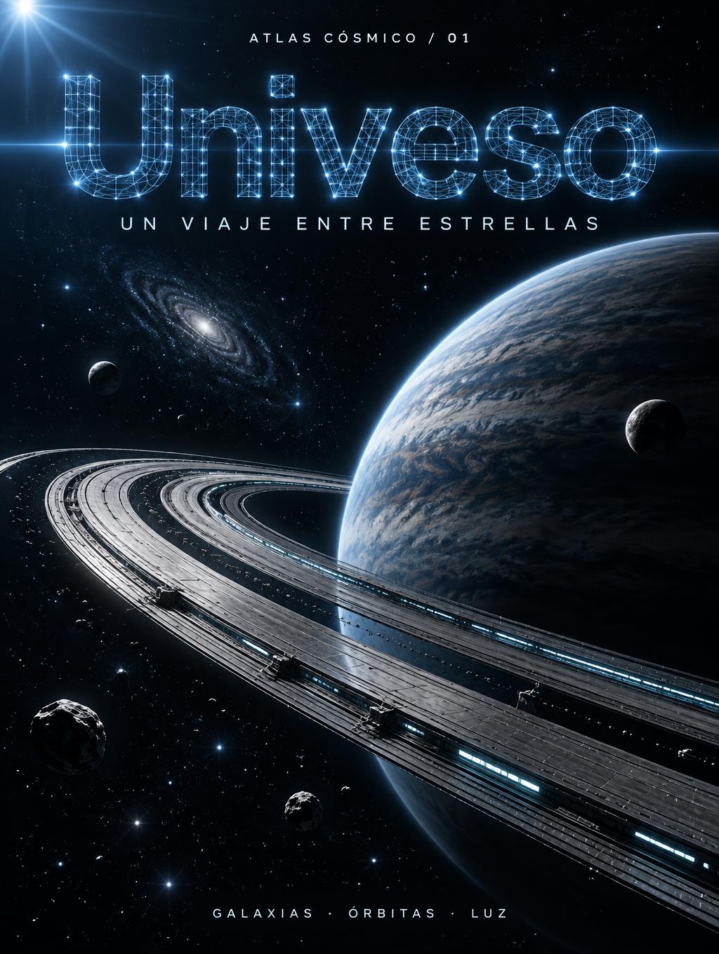 "Universo
ATLAS CÓSMICO / 01
UN VIAJE ENTRE ESTRELLAS
GALAXIAS · ÓRBITAS · LUZ" — Cinematic Scifi text effect