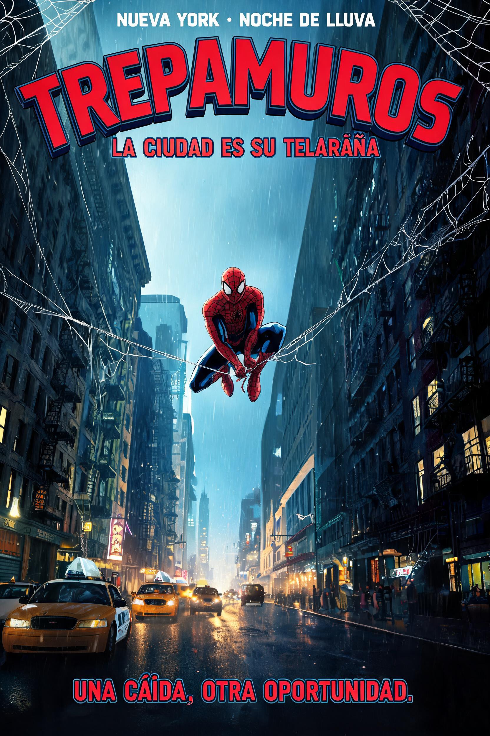"TREPAMUROS
LA CIUDAD ES SU TELARAÑA
NUEVA YORK · NOCHE DE LLUVIA
UNA CAÍDA. OTRA OPORTUNIDAD." — Spider Hero text effect