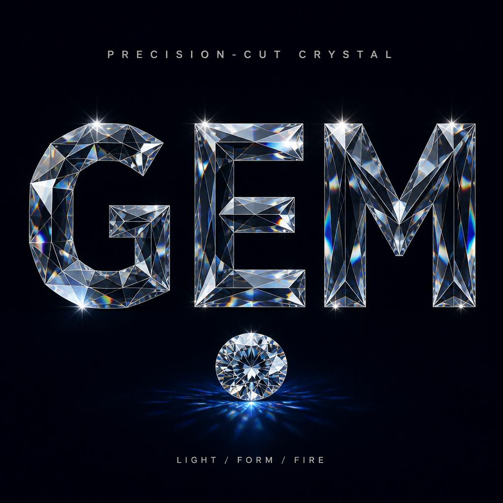 "GEM
PRECISION-CUT CRYSTAL
LIGHT / FORM / FIRE" — Glass Crystal | AI Text Effect Generator