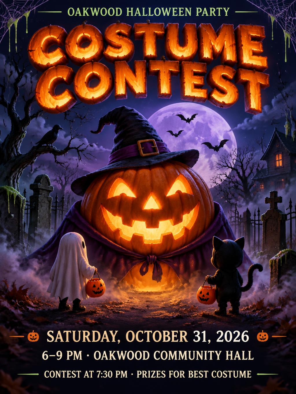 "COSTUME CONTEST
OAKWOOD HALLOWEEN PARTY
SATURDAY, OCTOBER 31, 2026
6–9 PM · OAKWOOD COMMUNITY HALL
CONTEST AT 7:30 PM · PRIZES FOR BEST COSTUME" — Halloween | AI Text Effect Generator