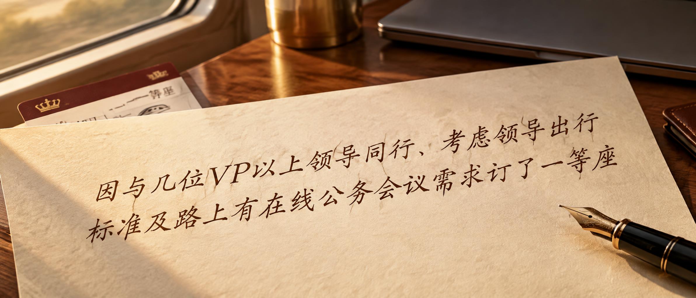 "因与几位VP以上领导同行、考虑领导出行标准及路上有在线公务会议需求订了一等座" — Handwritten Script | AI Text Effect Generator