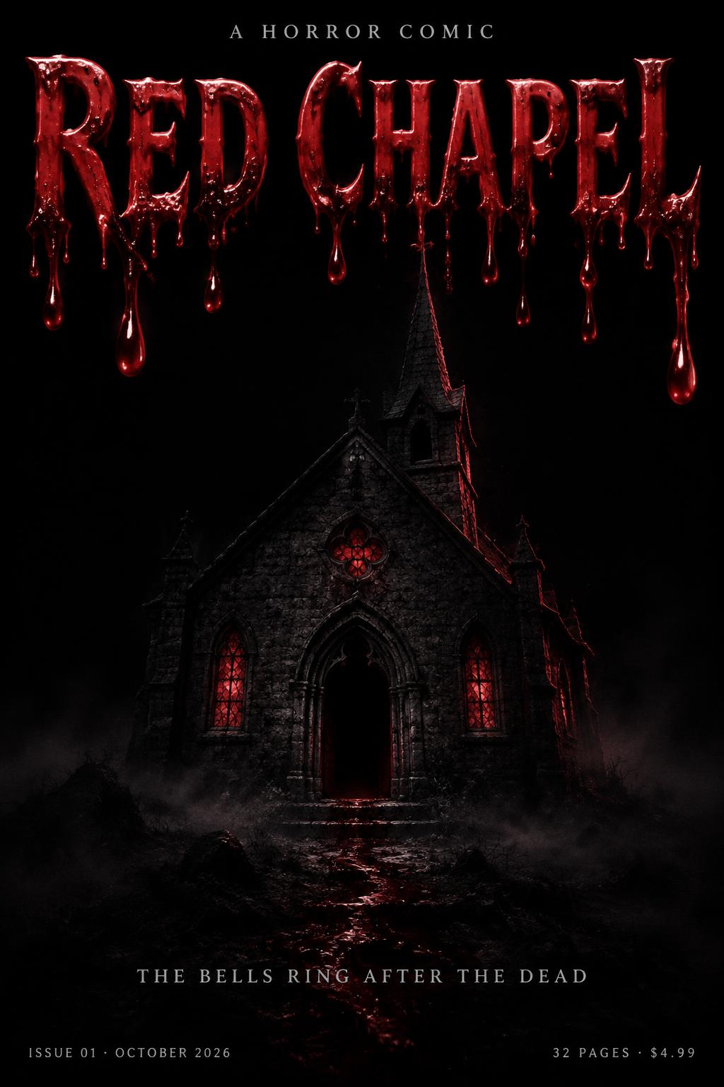 "RED CHAPEL
THE BELLS RING AFTER THE DEAD
A HORROR COMIC
ISSUE 01 · OCTOBER 2026
32 PAGES · $4.99" — Drip Font Blood | AI Text Effect Generator
