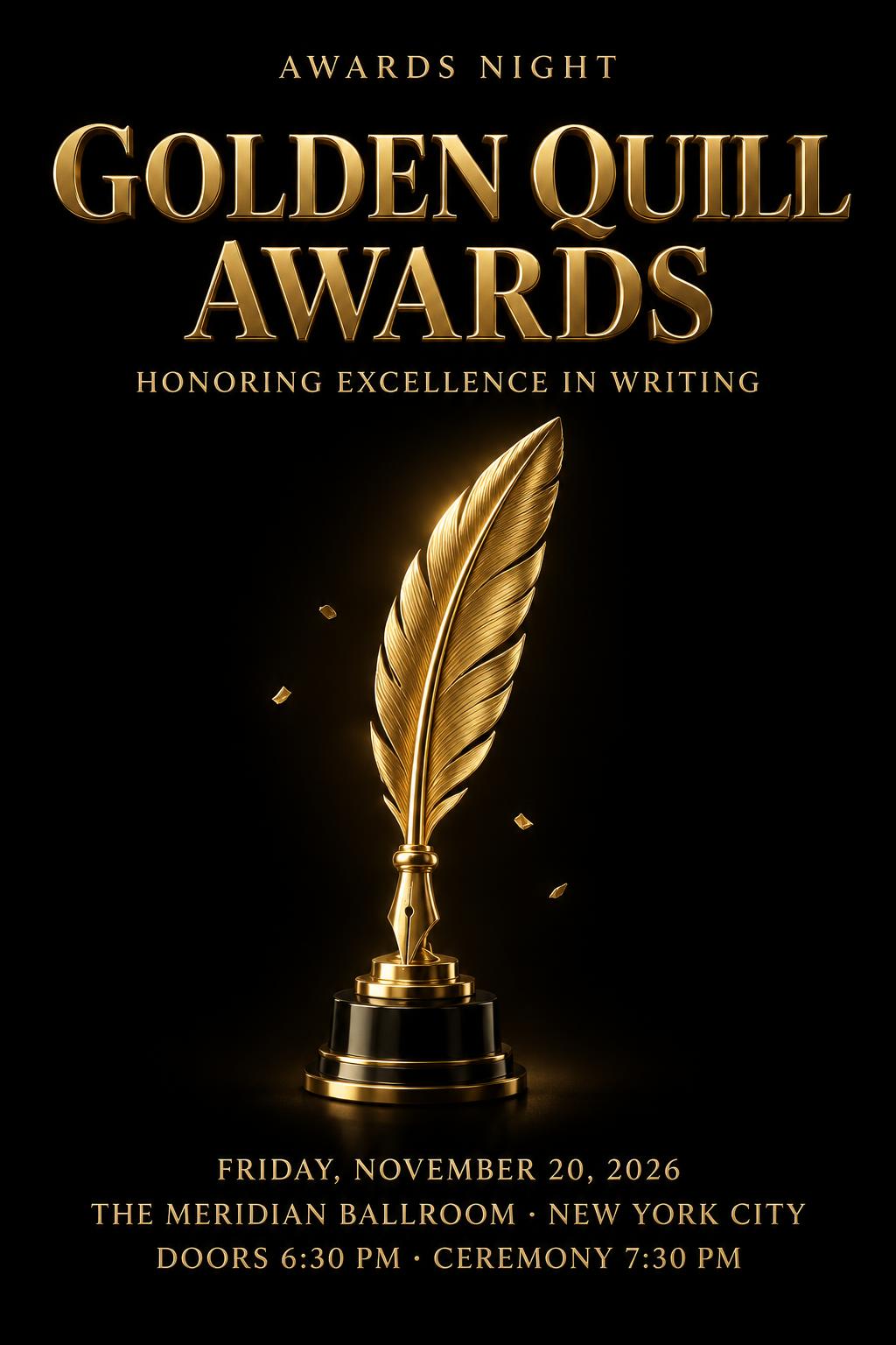 "AWARDS NIGHT
GOLDEN QUILL AWARDS
HONORING EXCELLENCE IN WRITING
FRIDAY, NOVEMBER 20, 2026
THE MERIDIAN BALLROOM · NEW YORK CITY
DOORS 6:30 PM · CEREMONY 7:30 PM" — 3d Bold Gold | AI Text Effect Generator
