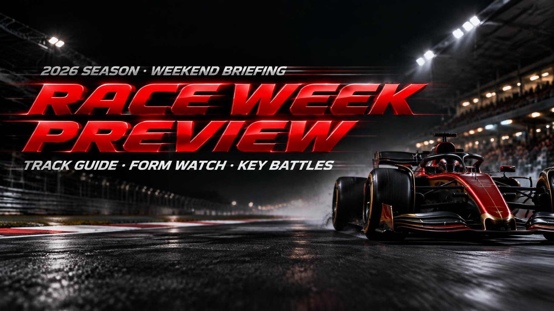 "RACE WEEK PREVIEW
2026 SEASON · WEEKEND BRIEFING
TRACK GUIDE · FORM WATCH · KEY BATTLES" — Racing | AI Text Effect Generator