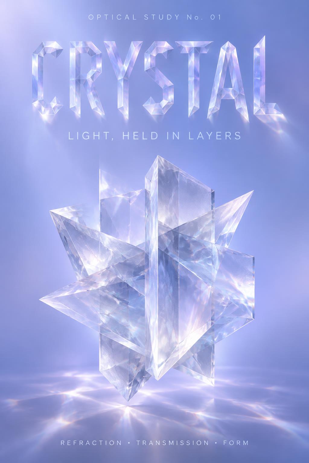 "CRYSTAL
LIGHT, HELD IN LAYERS
OPTICAL STUDY No. 01
REFRACTION • TRANSMISSION • FORM" — Glass | AI Text Effect Generator