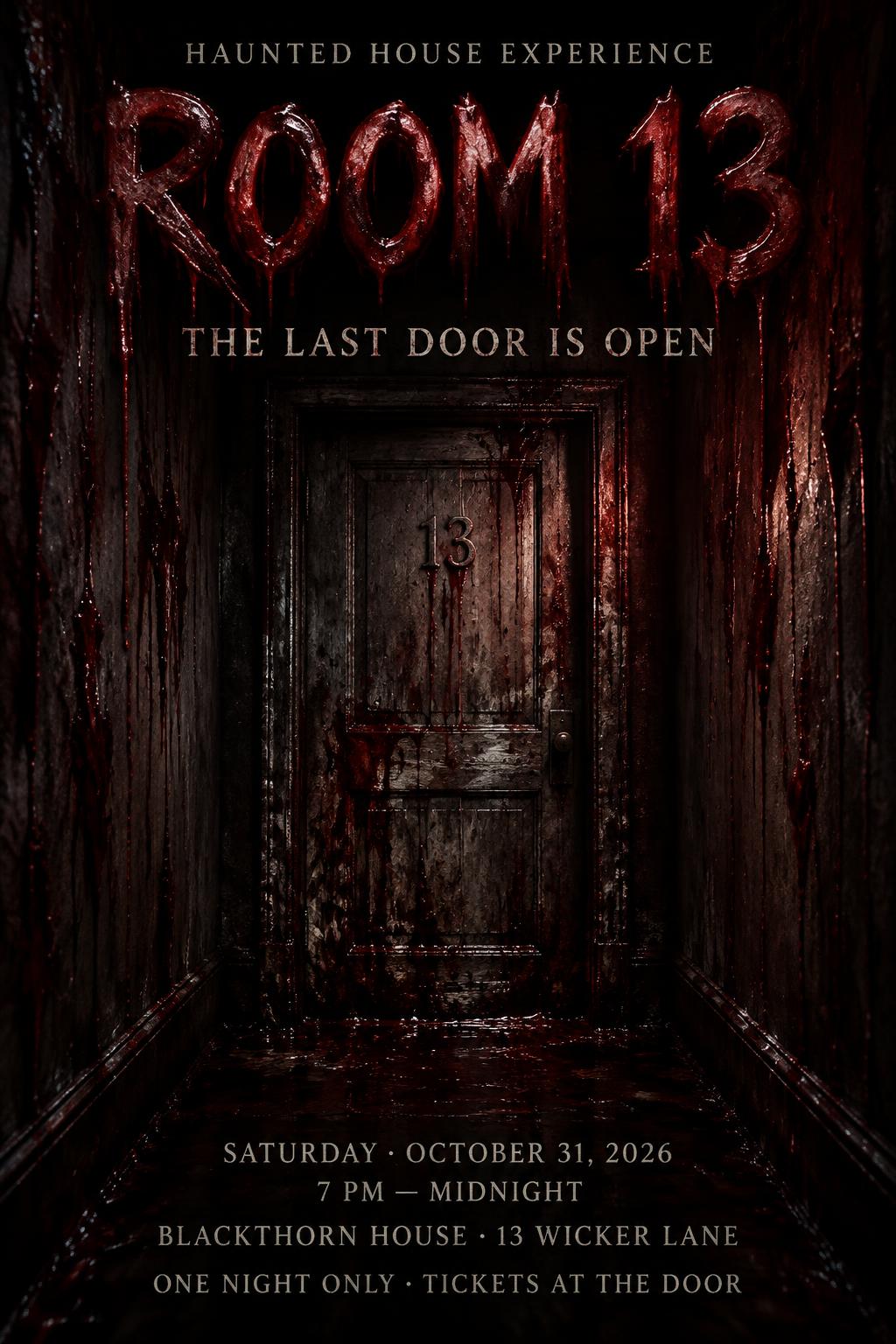 "ROOM 13
HAUNTED HOUSE EXPERIENCE
THE LAST DOOR IS OPEN
SATURDAY · OCTOBER 31, 2026
7 PM — MIDNIGHT
BLACKTHORN HOUSE · 13 WICKER LANE
ONE NIGHT ONLY · TICKETS AT THE DOOR" — Drip Font Blood | AI Text Effect Generator