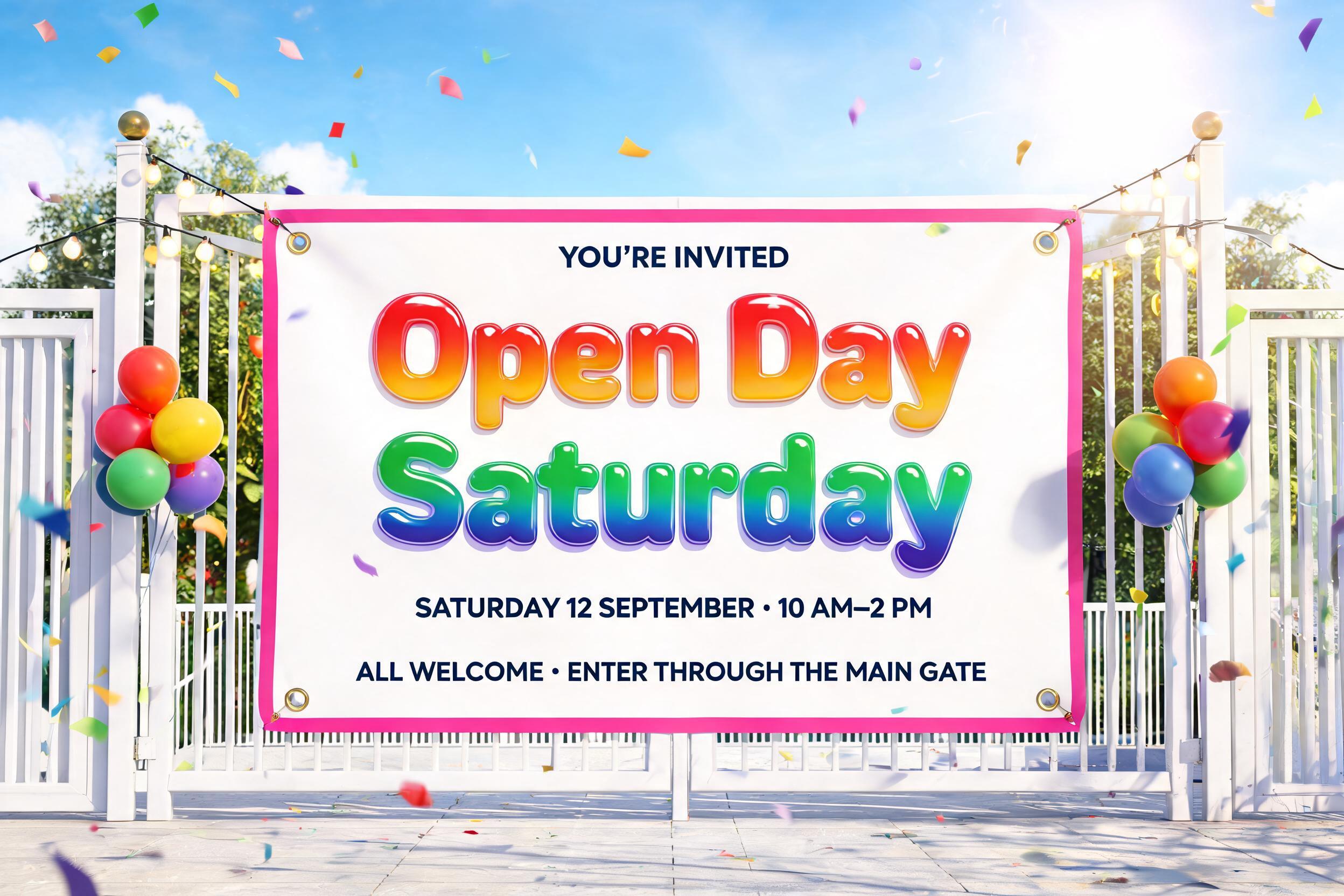 "Open Day
Saturday
YOU'RE INVITED
SATURDAY 12 SEPTEMBER · 10 AM–2 PM
ALL WELCOME · ENTER THROUGH THE MAIN GATE" — Rainbow | AI Text Effect Generator
