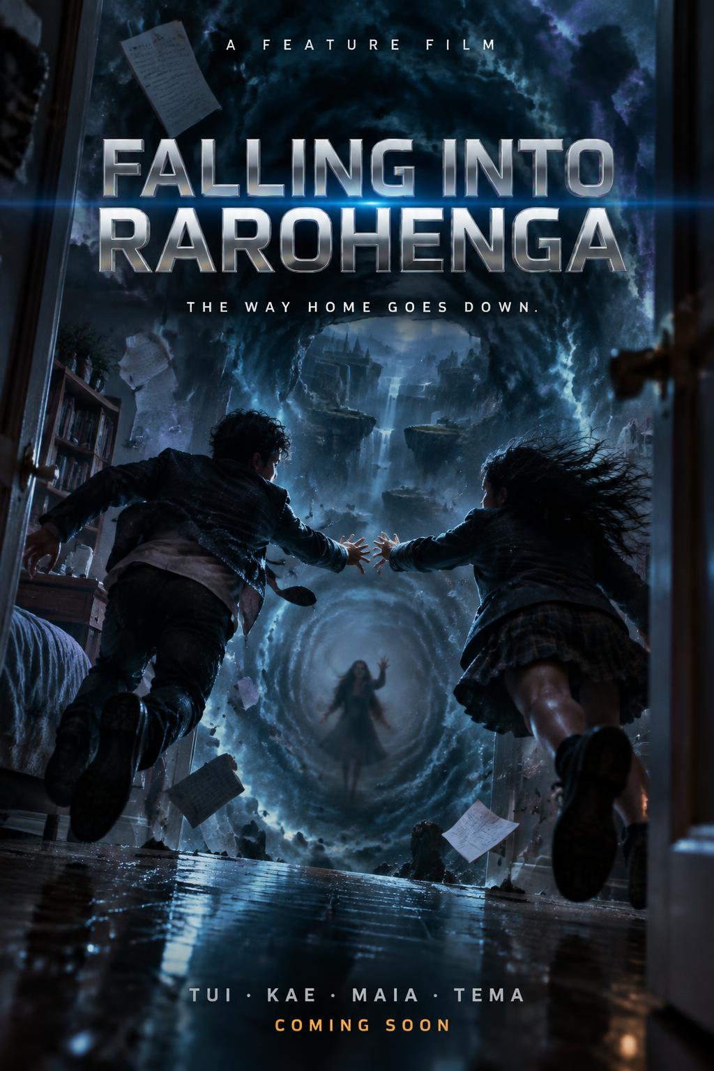 "FALLING INTO
RAROHENGA
A FEATURE FILM
THE WAY HOME GOES DOWN.
TUI · KAE · MAIA · TEMA
COMING SOON" — Cinematic Netflix | AI Text Effect Generator